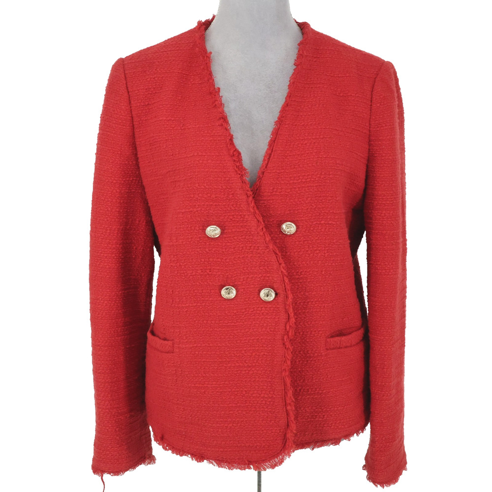 MNG Jacket Womens Medium Red Cotton Double Breasted Lined Blazer Fringe Preppy